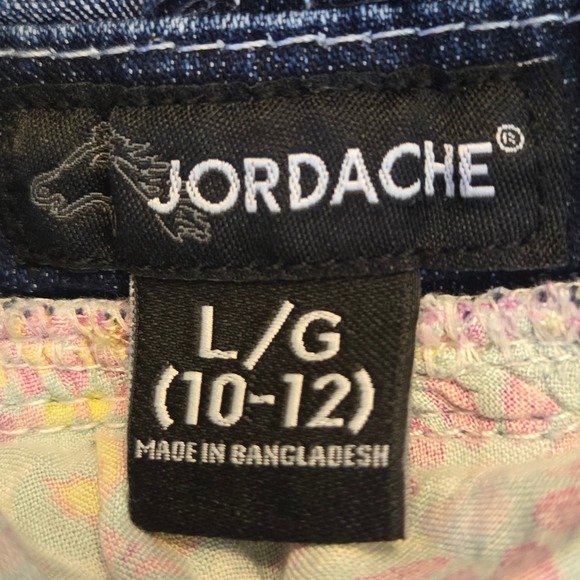 Jordache Girls Denim Overall Dress Floral Skirt Pom Pom Trim Blue Pink L 10-12 - Picture 4 of 5